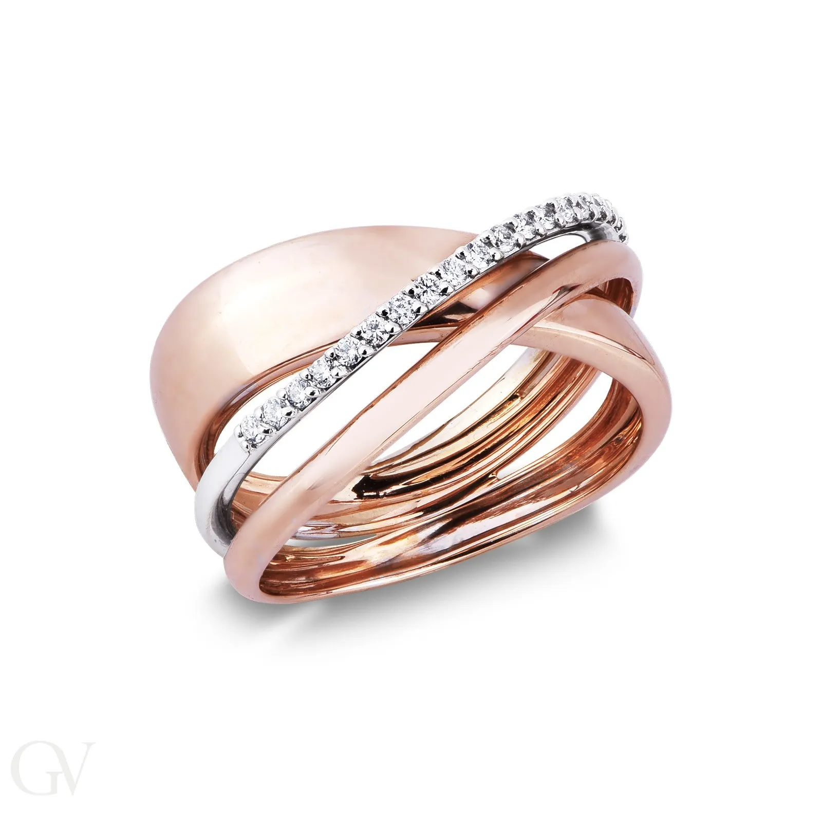 Anello fascia in oro bianco e rosa 18k con diamanti