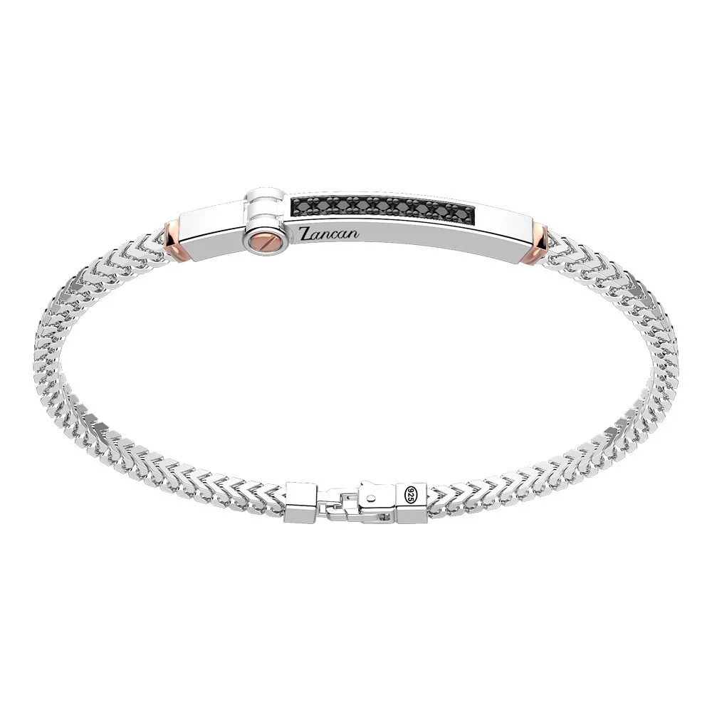 Bracciale Zancan in argento con targa ed inserti in oro rosa e pietre nere.