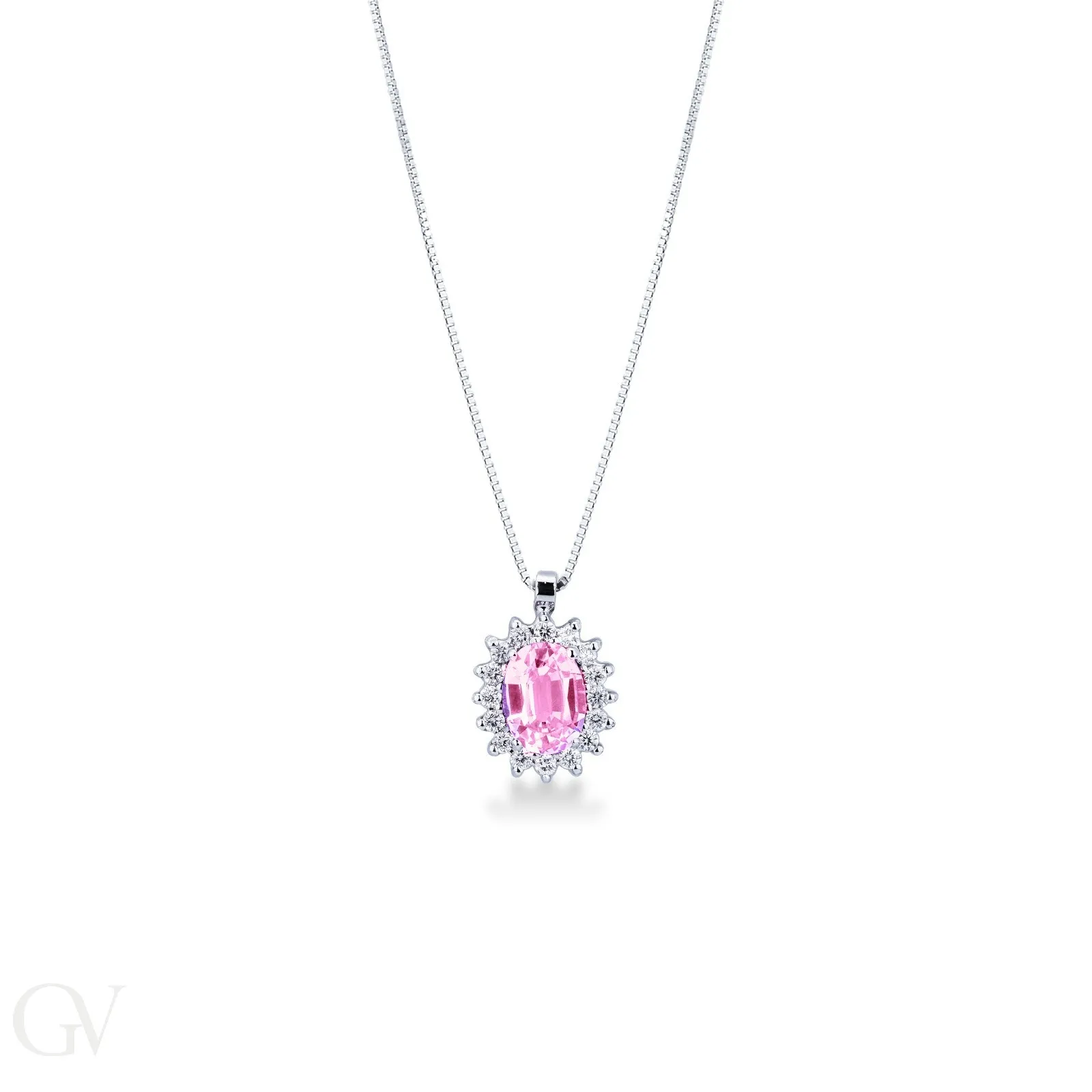 Ciondolo in oro bianco 18k con Zaffiro rosa ovale e diamanti