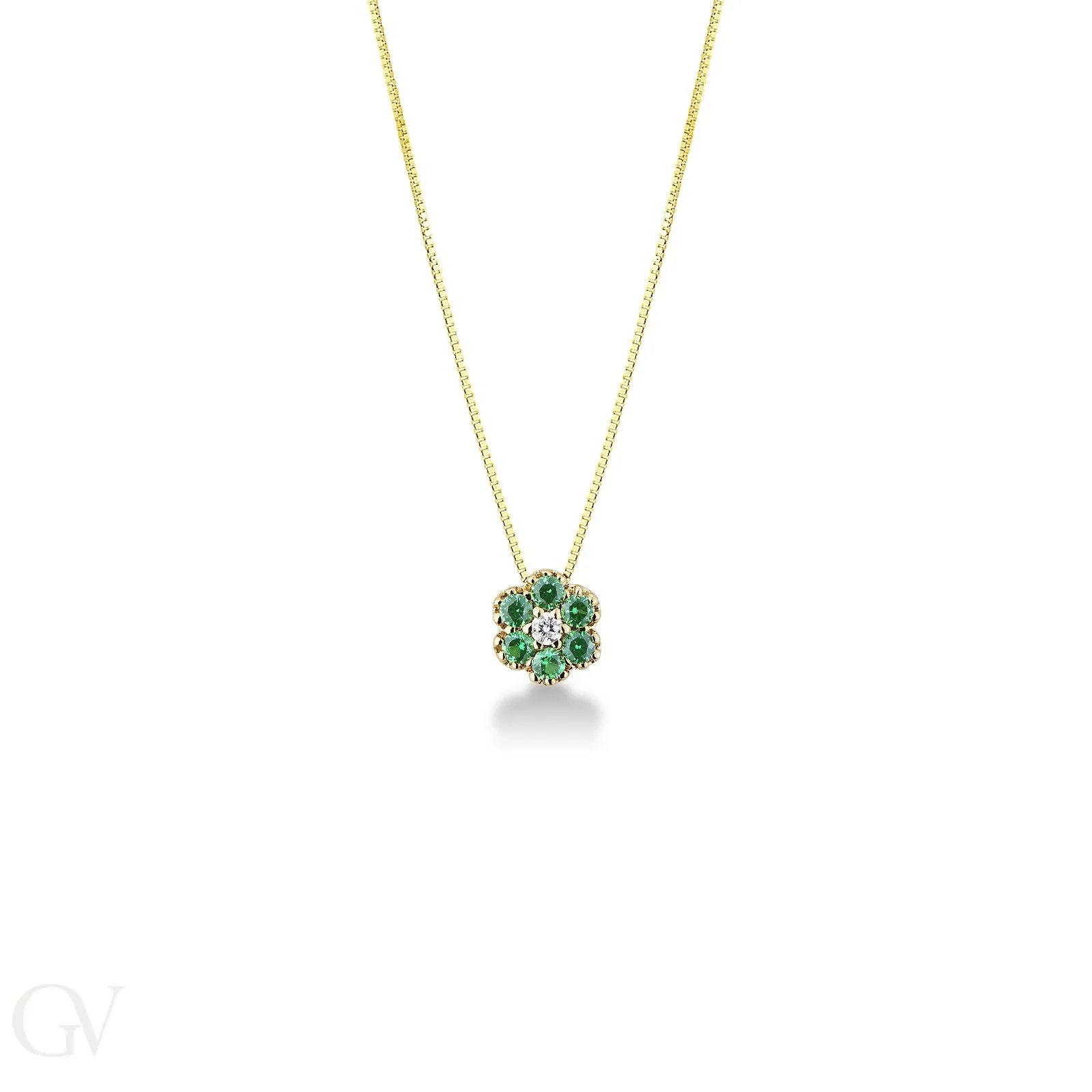 Collana in oro giallo 18k con fiore in smeraldi e diamante