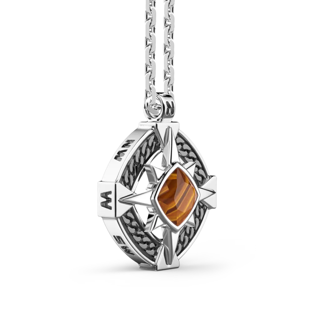 Collana Zancan in argento con pendente a rosa dei venti e pietra occhio di tigre.