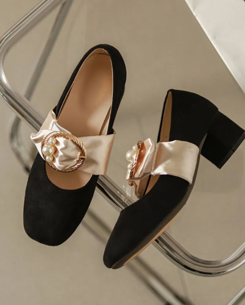 Décolleté da donna in pelle scamosciata con tacco alto Sweet Lolita Pearl Ribbon decorato Mary Jane Zapato De Tacón Abito delica