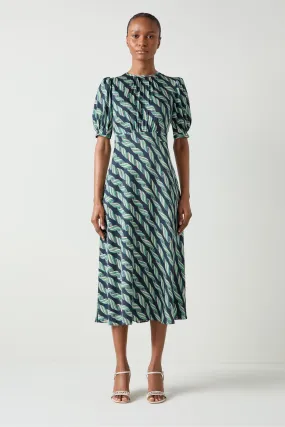 LK Bennett Blu - Jem Spring - Abito a Vy con Stampa Satin nastro