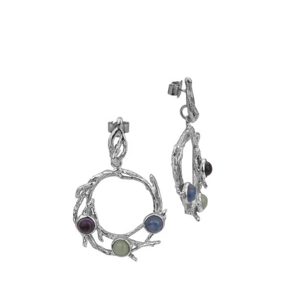 Orecchini con intreccio circolare e cabochon di ametista, cianite blu e avventurina verde    