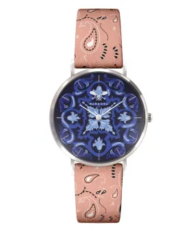 OROLOGIO MAIOLICA BLU dm. 36,5 PELLE STAMPA BANDANA ROSA