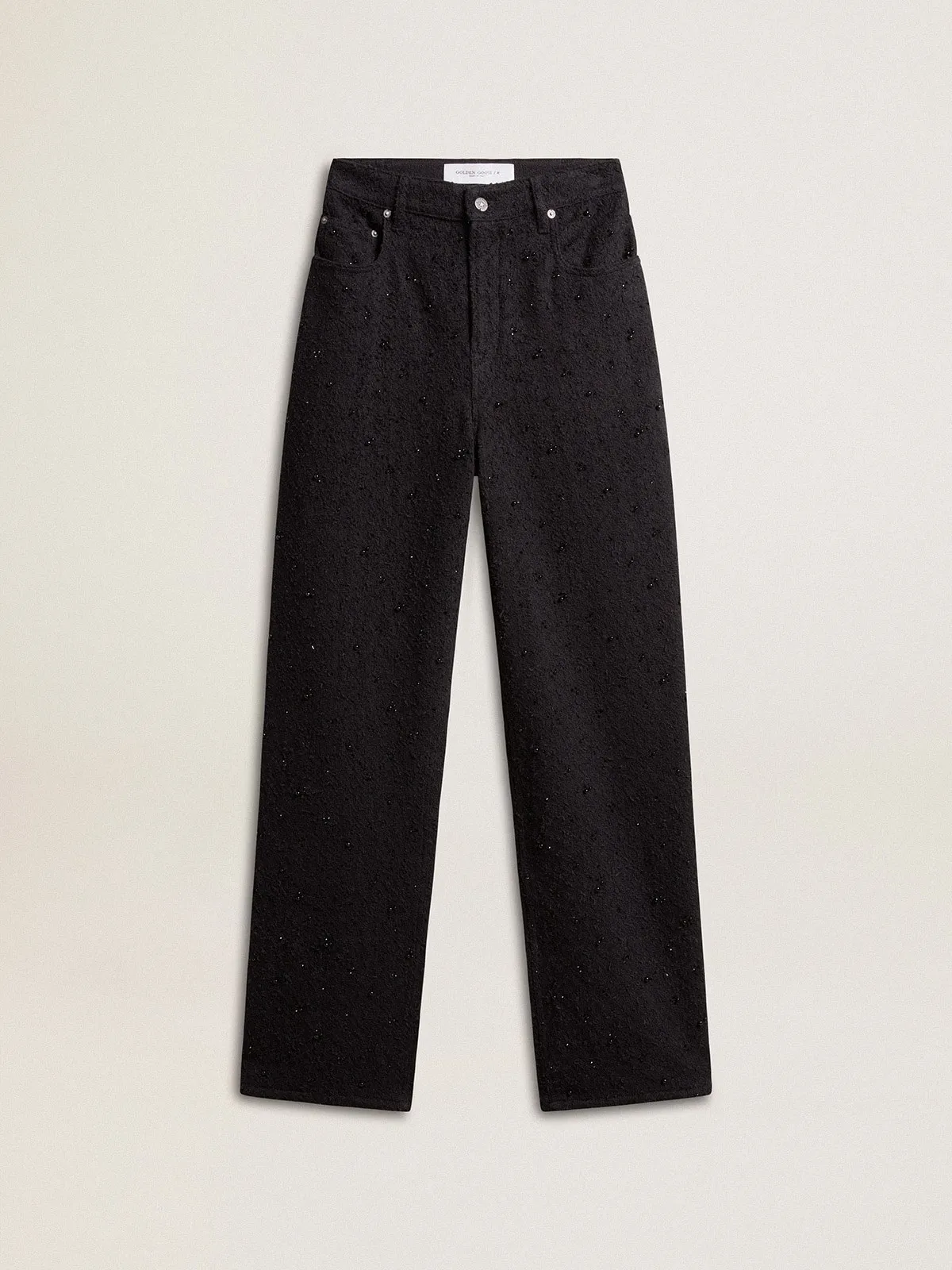 Pantalone da donna in denim di cotone con cristalli e pietre applicate