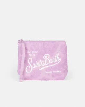 Pochette Aline in spugna rosa a motivo devorè foliage tono su tono con scritta logo bianca e laccetto