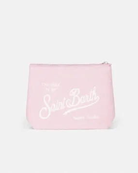 Pochette Aline rosa in spugna con scritta logo bianca e laccetto