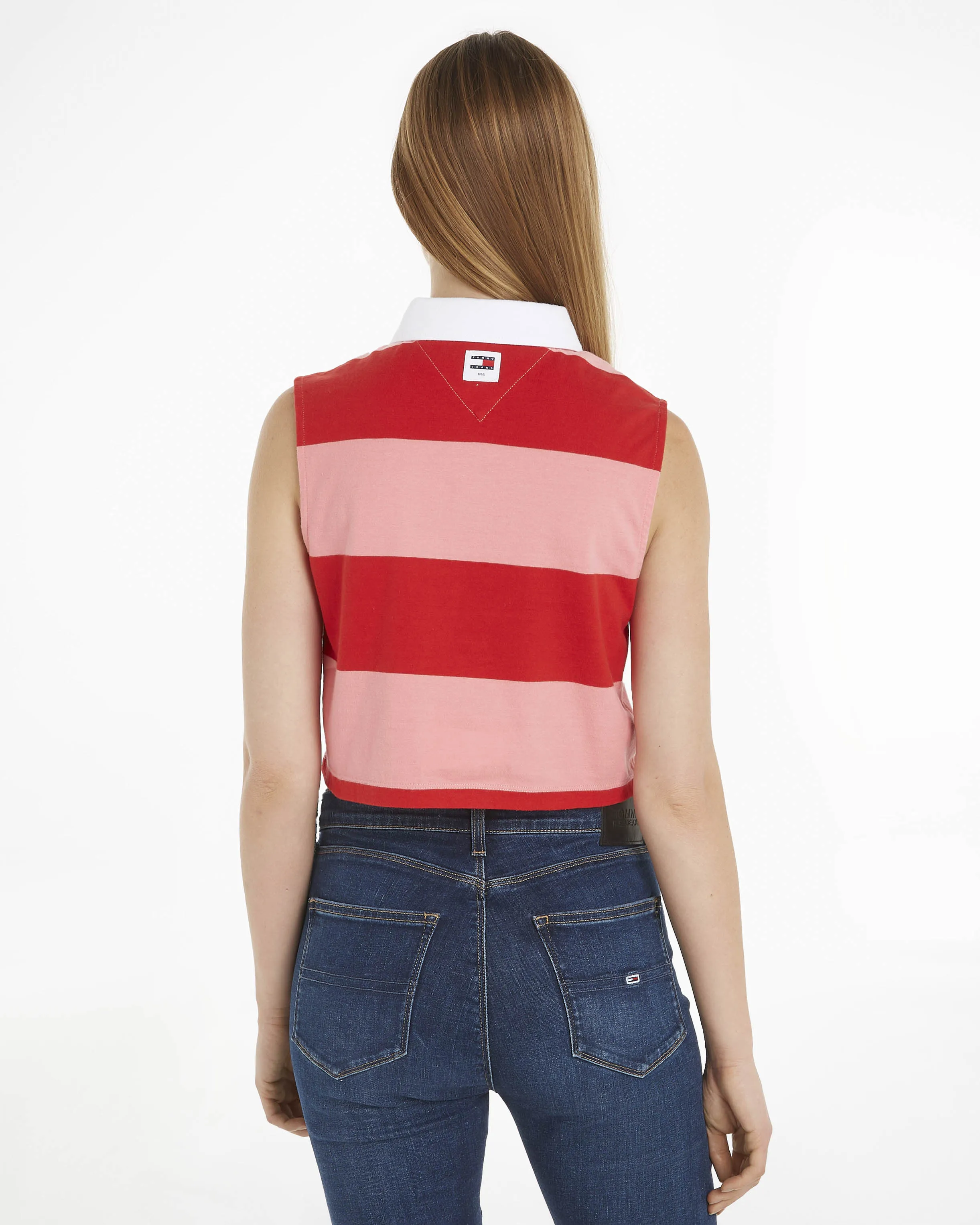 Polo corta senza maniche a righe rosa e rosse in cotone con profili bianchi