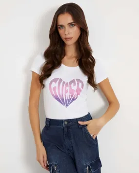 T-shirt bianca in cotone stretch con stampa logo a cuore rosa in strass applicati