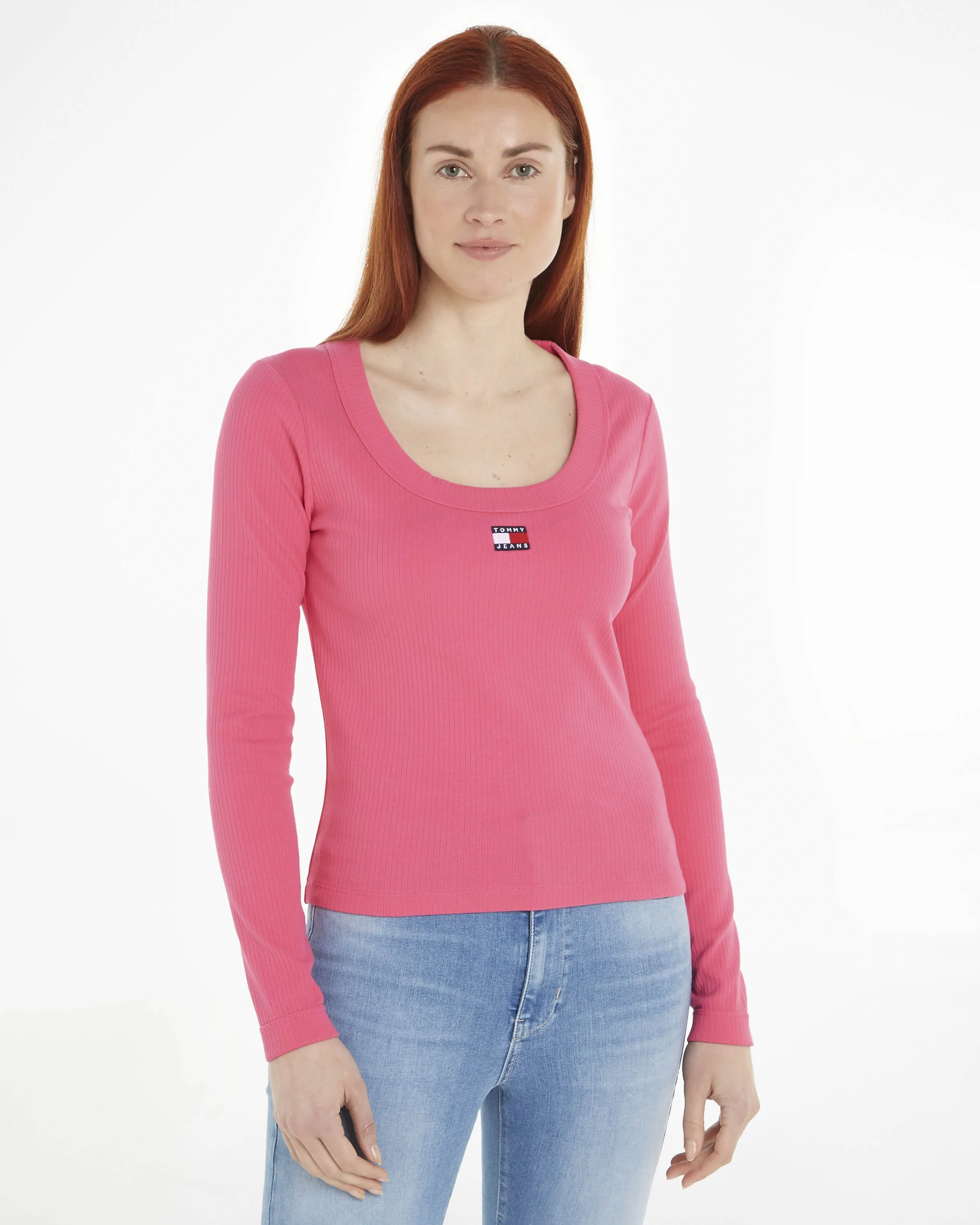 T-shirt rosa bubble a manica lunga in cotone stretch con ampio scollo tondo e flag logo ricamata