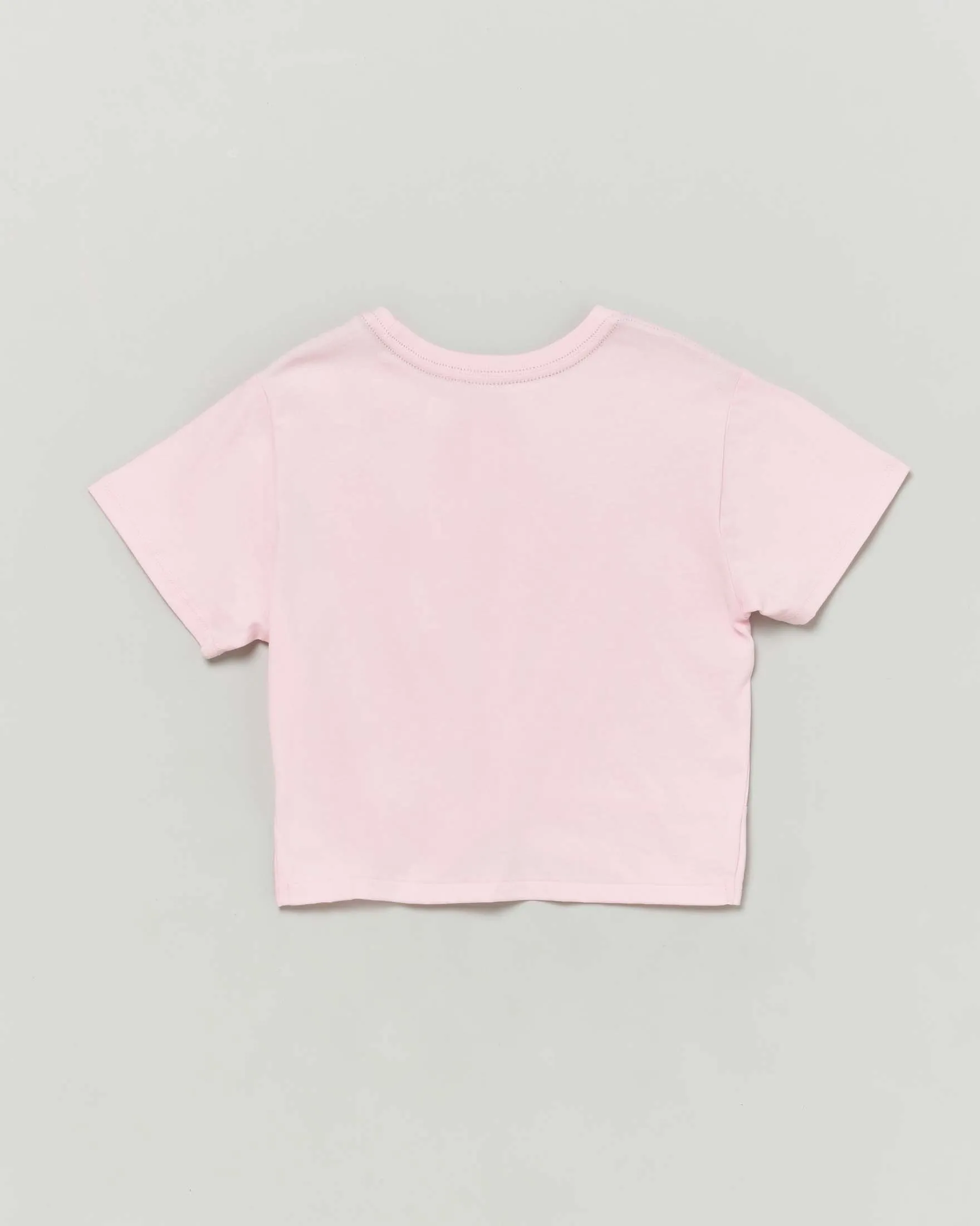 T-shirt rosa cropped a maniche corte con nodo sul davanti e logo pony blu S-L