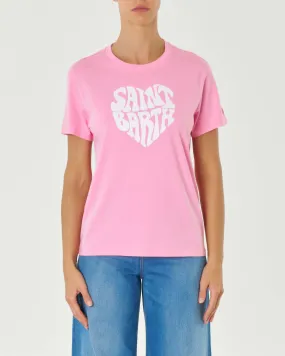 T-shirt rosa in puro cotone vestibilità regular con stampa logo a cuore bianca frontale