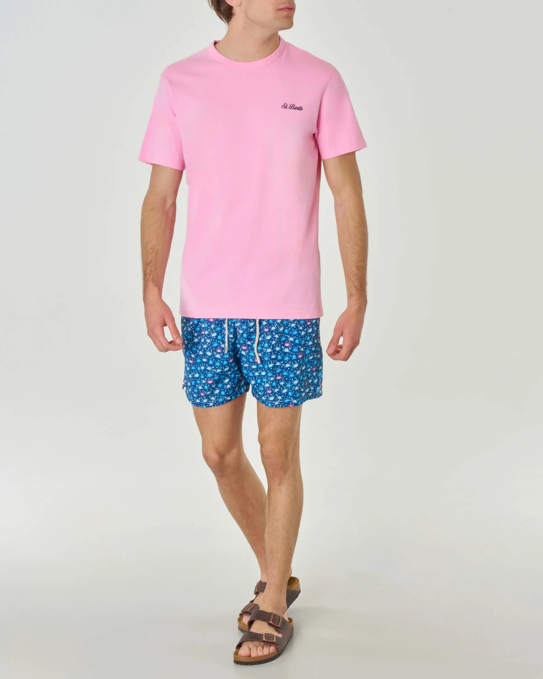 T-shirt rosa mezza manica con logo scritta ricamata sul petto