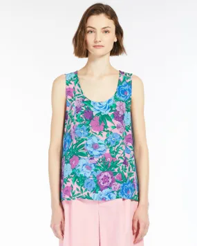 Top smanicato azzurro e rosa in crêpe de Chine a fantasia floreale con retro in jersey a tinta unita